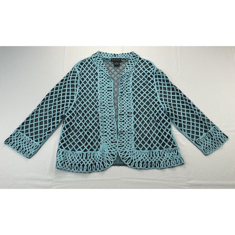 Weavz XL Teal Open Front Mesh Crochet Cardigan Boho Lightweight Sheer